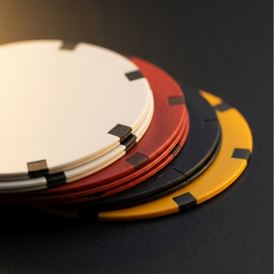 תקריב של צ'יפי פוקר דקים במיוחד בארבעה צבעים
